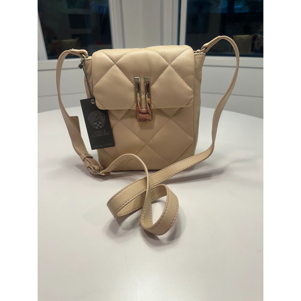 NWT Quilted Leather Crossbody Bag Cafe Beige Gold Hardware - One Size - Picture 2 of 8